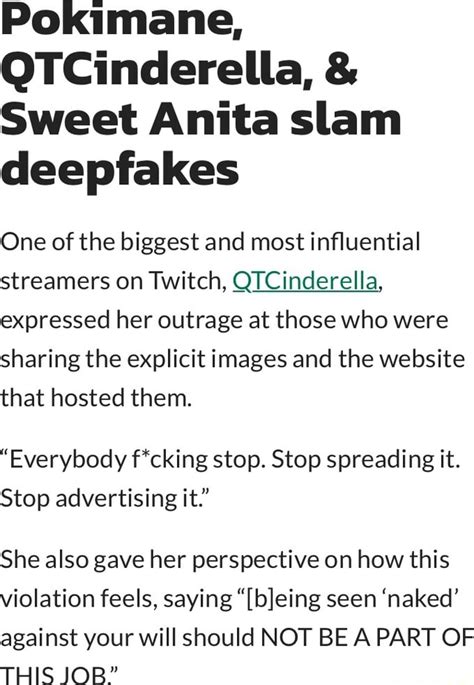 RT @itslanabee: <b>Sweet</b> <b>Anita</b> @<b>sweetanita</b> made a video on <b>deepfakes</b> and the stigmatization of sex workers and the nonconsensual nature of forcing someone against their will to have sexual content of themselves posted and it was a very well done video. . Sweet anita deepfakes